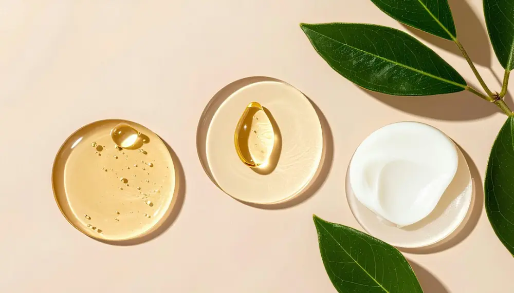 Skincare products with leaves on a light background, illustrating daily skincare